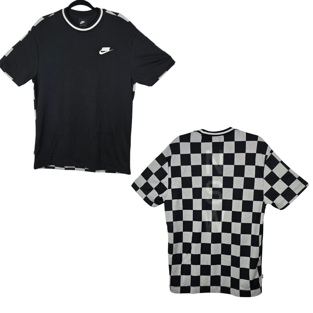 Nike NSW Men Black White Checkered Mesh Back Jersey T-Shirt Small AR1628-010